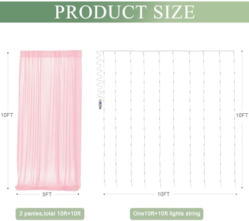Tulle Backdrop Curtain with Lights 10x10FT Pink Sheer Tulle Curtains in 10x10FT, alternate view 2