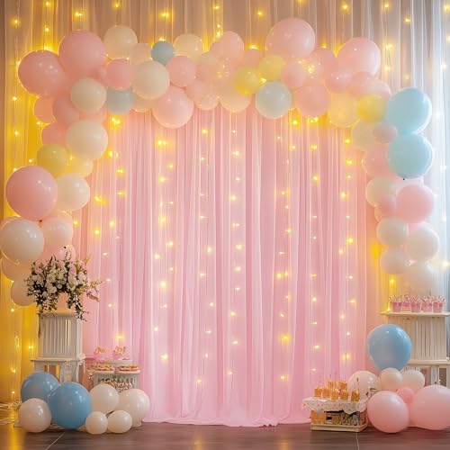 Tulle Backdrop Curtain with Lights 10x10FT Pink Sheer Tulle Curtains in 10x10FT, alternate view 5