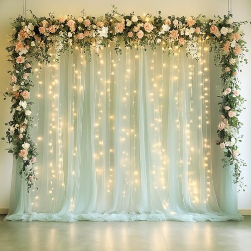Tulle Backdrop Curtain with Lights 10x10FT Sage Green Sheer Curtains in 10x10FT