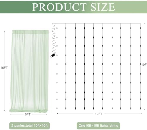 Tulle Backdrop Curtain with Lights 10x10FT Sage Green Sheer Curtains in 10x10FT, alternate view 2