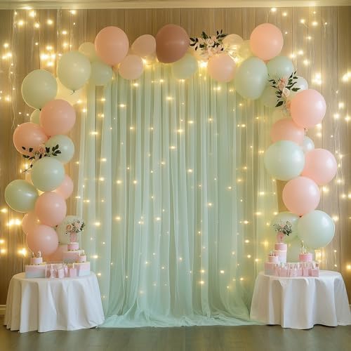 Tulle Backdrop Curtain with Lights 10x10FT Sage Green Sheer Curtains in 10x10FT, alternate view 5