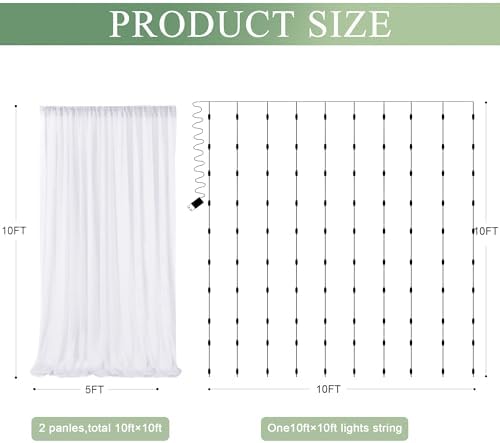 Tulle Backdrop Curtain with Lights 10x10FT White Sheer Tulle Curtain in 10x10FT, alternate view 2