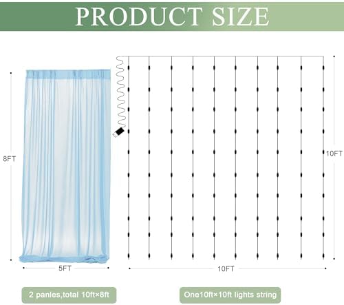 Tulle Backdrop Curtain with Lights 10x8FT Baby Blue Sheer Curtains in 10x8FT, alternate view 2