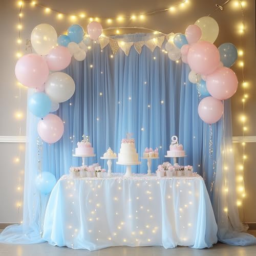 Tulle Backdrop Curtain with Lights 10x8FT Baby Blue Sheer Curtains in 10x8FT, alternate view 3
