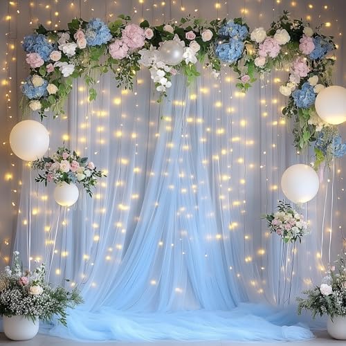 Tulle Backdrop Curtain with Lights 10x8FT Baby Blue Sheer Curtains in 10x8FT, alternate view 7