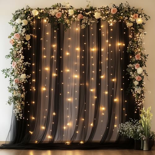 Tulle Backdrop Curtain with Lights 10x8FT Black Sheer Tulle Curtains in 10x8FT