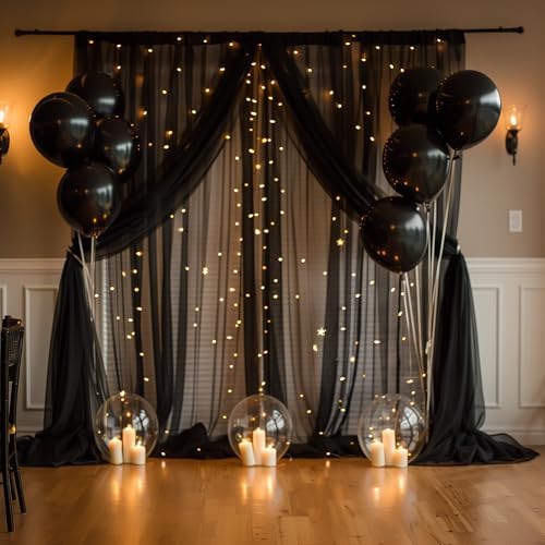 Tulle Backdrop Curtain with Lights 10x8FT Black Sheer Tulle Curtains in 10x8FT, alternate view 6