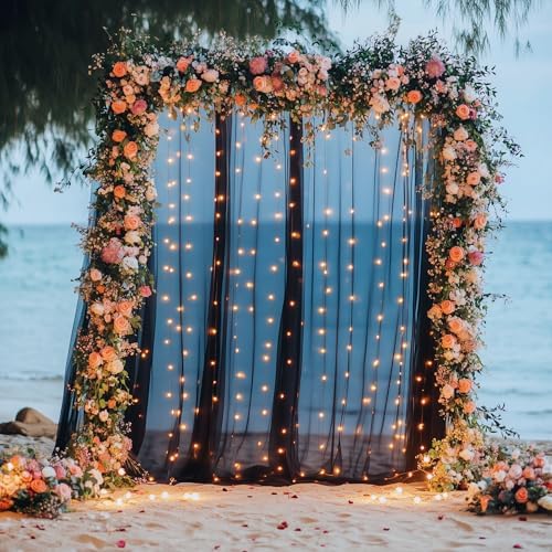 Tulle Backdrop Curtain with Lights 10x8FT Black Sheer Tulle Curtains in 10x8FT, alternate view 7