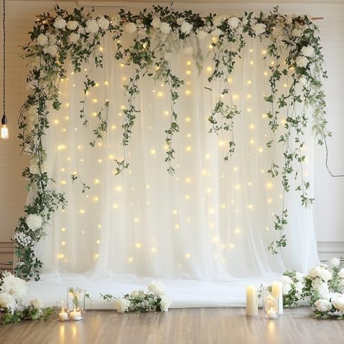Tulle Backdrop Curtain with Lights 10x8FT Ivory Sheer Tulle Curtains in 10x8FT