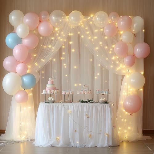Tulle Backdrop Curtain with Lights 10x8FT Ivory Sheer Tulle Curtains in 10x8FT, alternate view 5