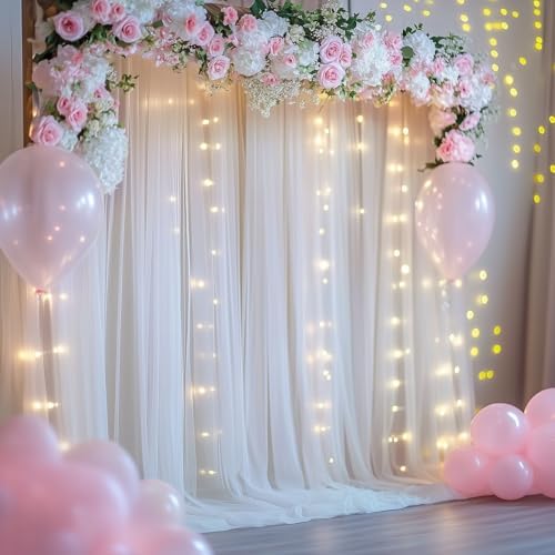 Tulle Backdrop Curtain with Lights 10x8FT Ivory Sheer Tulle Curtains in 10x8FT, alternate view 6