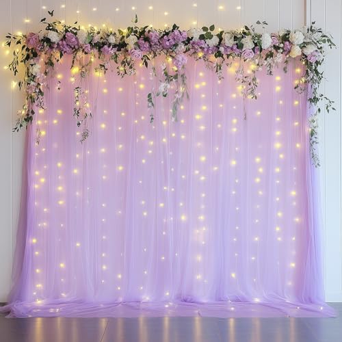 Tulle Backdrop Curtain with Lights 10x8FT Lavender Sheer Curtains in 10x8FT