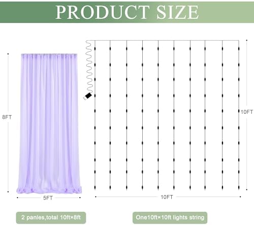 Tulle Backdrop Curtain with Lights 10x8FT Lavender Sheer Curtains in 10x8FT, alternate view 2