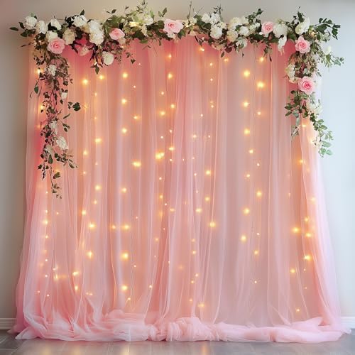 Tulle Backdrop Curtain with Lights 10x8FT Peach Sheer Curtains in 10x8FT