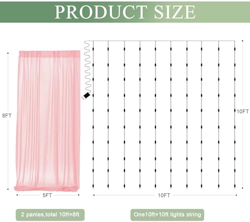Tulle Backdrop Curtain with Lights 10x8FT Peach Sheer Curtains in 10x8FT, alternate view 2