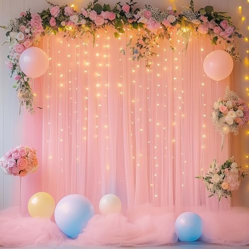 Tulle Backdrop Curtain with Lights 10x8FT Peach Sheer Curtains in 10x8FT, alternate view 6