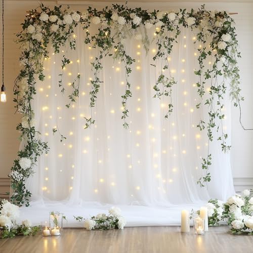 Tulle Backdrop Curtain with Lights 10x8FT White Sheer Tulle Curtains in 10x8FT