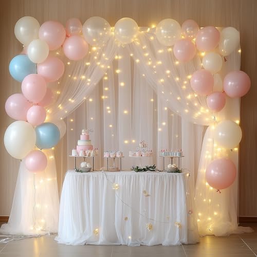 Tulle Backdrop Curtain with Lights 10x8FT White Sheer Tulle Curtains in 10x8FT, alternate view 5