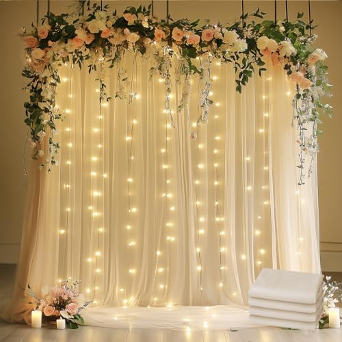 Tulle Backdrop Curtain with Lights 20x10FT Champagne Sheer Curtains in 20x10FT