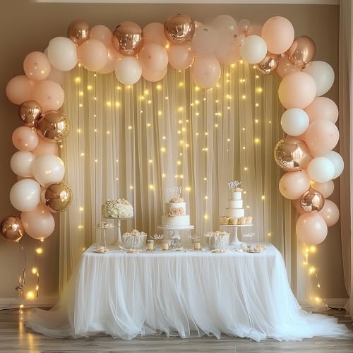 Tulle Backdrop Curtain with Lights 20x10FT Champagne Sheer Curtains in 20x10FT, alternate view 3