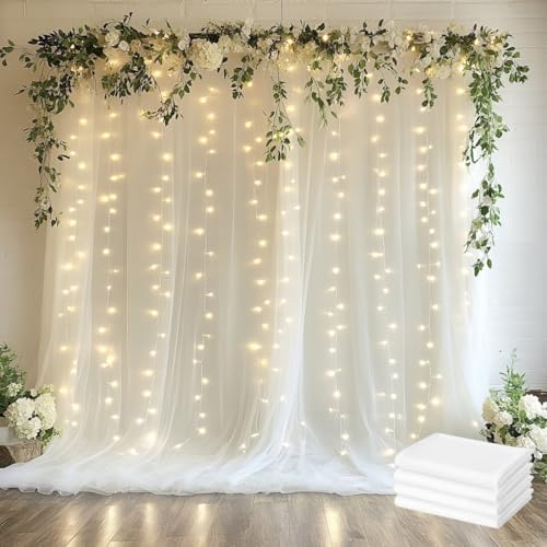Tulle Backdrop Curtain with Lights 20x10FT Ivory Sheer Curtains in 20x10FT