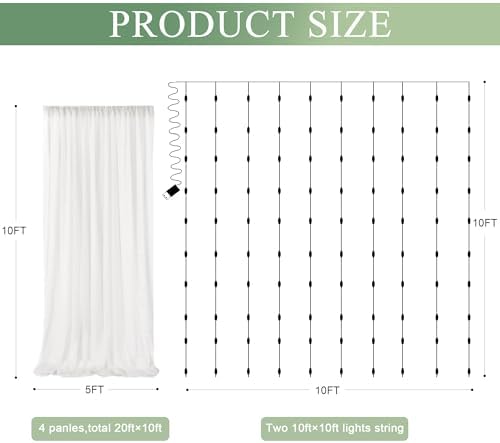 Tulle Backdrop Curtain with Lights 20x10FT Ivory Sheer Curtains in 20x10FT, alternate view 2
