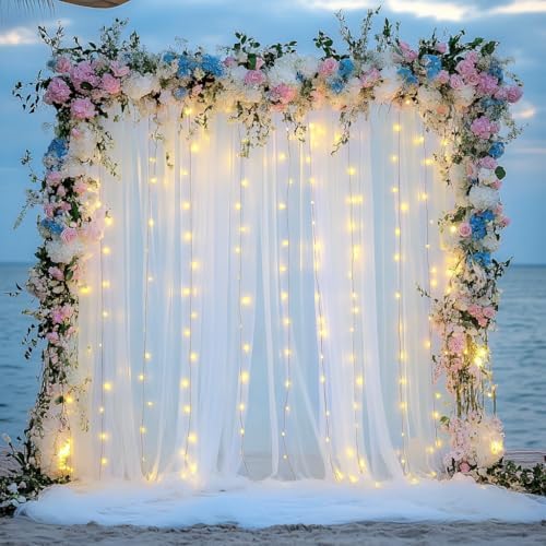 Tulle Backdrop Curtain with Lights 20x10FT Ivory Sheer Curtains in 20x10FT, alternate view 6