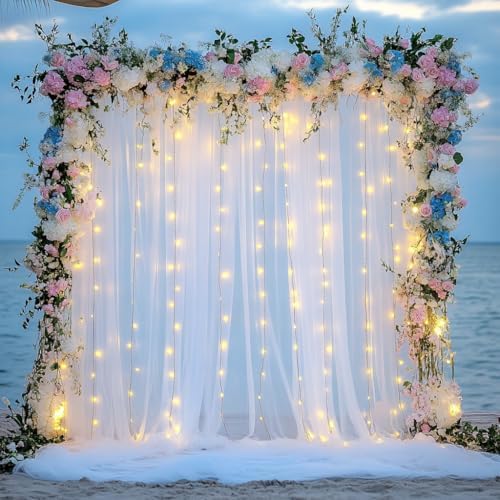 Tulle Backdrop Curtain with Lights 20x10FT White Sheer Tulle Curtain in 20x10FT, alternate view 6