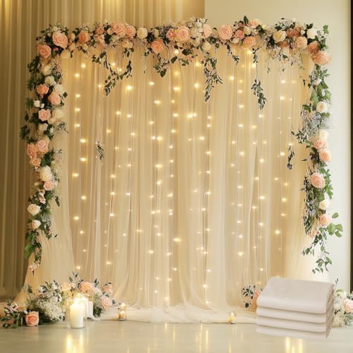 Tulle Backdrop Curtain with Lights 20x8FT Champagne Sheer Curtains in 20x8FT