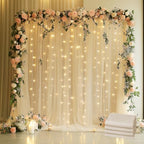 Tulle Backdrop Curtain with Lights 20x8FT Champagne Sheer Curtains in 20x8FT
