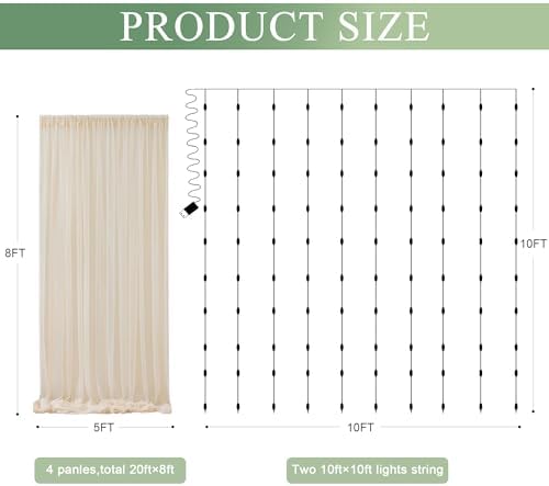 Tulle Backdrop Curtain with Lights 20x8FT Champagne Sheer Curtains in 20x8FT, alternate view 2
