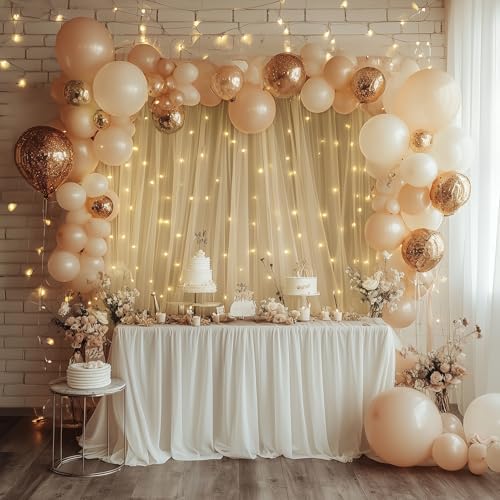 Tulle Backdrop Curtain with Lights 20x8FT Champagne Sheer Curtains in 20x8FT, alternate view 5