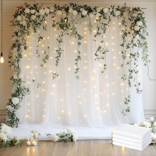 Tulle Backdrop Curtain with Lights 20x8FT White Sheer Tulle Curtains in 20x8FT