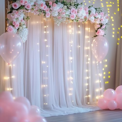 Tulle Backdrop Curtain with Lights 20x8FT White Sheer Tulle Curtains in 20x8FT, alternate view 6
