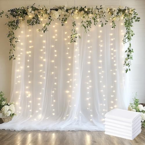 Tulle Backdrop Curtain with Lights 30x10FT White Sheer Tulle Curtain in 30x10FT