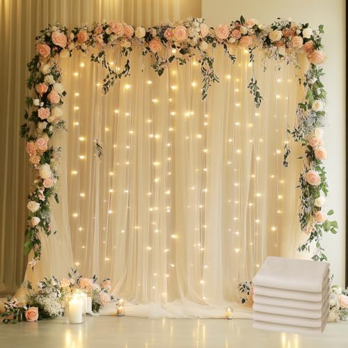 Tulle Backdrop Curtain with Lights 30x8FT Champagne Sheer Curtains in 30x8FT