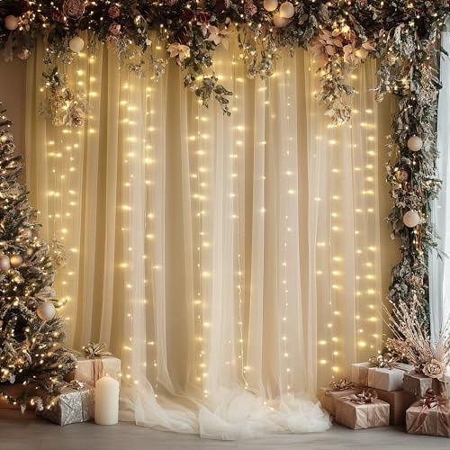 Tulle Backdrop Curtain with Lights 30x8FT Champagne Sheer Curtains in 30x8FT, alternate view 6