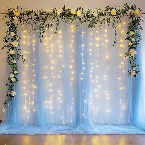 Tulle Backdrop Curtain with Lights Baby Blue 10x10ft Sheer Curtain Backdrop in 10x10ft