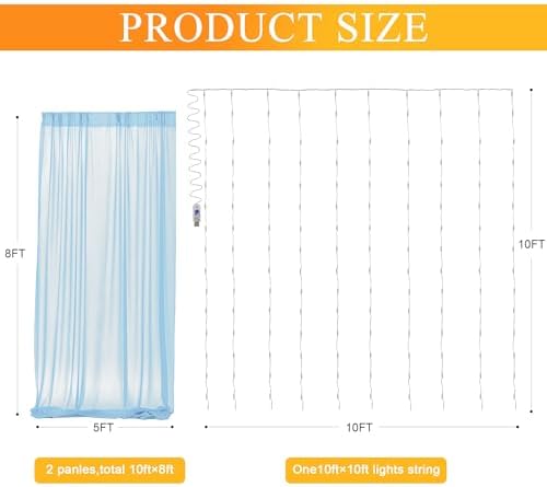 Tulle Backdrop Curtain with Lights Baby Blue 10x8ft Sheer Curtain Backdrop in 10x8ft, alternate view 2