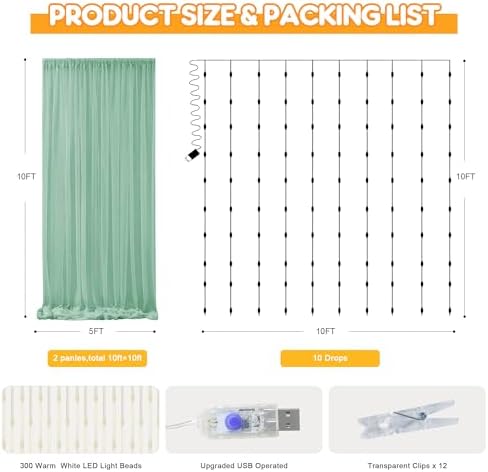 Tulle Backdrop Curtain with Lights Green Sheer Curtains Backdrop 10x10ft in 10x10ft, alternate view 2
