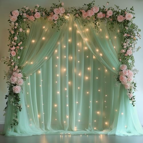 Tulle Backdrop Curtain with Lights Green Sheer Curtains Backdrop 10x10ft in 10x10ft, alternate view 7