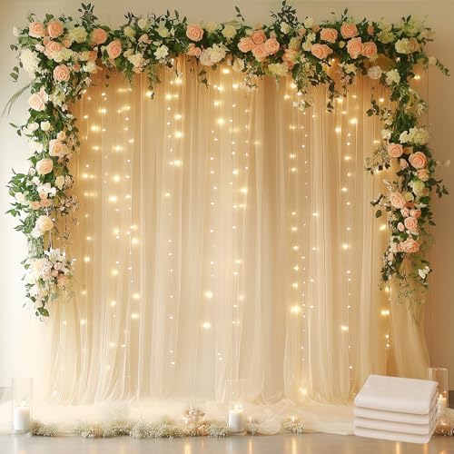 Tulle Backdrop Curtain with Lights Sheer Champagne Curtain Backdrop 20x10ft in 20x10ft