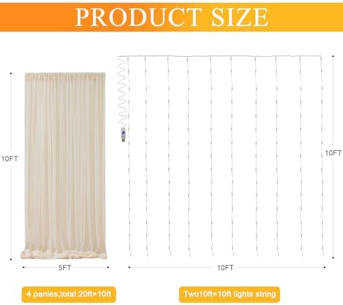 Tulle Backdrop Curtain with Lights Sheer Champagne Curtain Backdrop 20x10ft in 20x10ft, alternate view 2