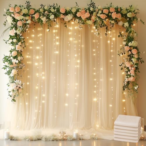 Tulle Backdrop Curtain with Lights Sheer Champagne Curtain Backdrop 30x10ft in 30x10ft