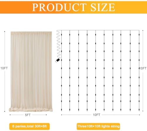 Tulle Backdrop Curtain with Lights Sheer Champagne Curtain Backdrop 30x10ft in 30x10ft, alternate view 3