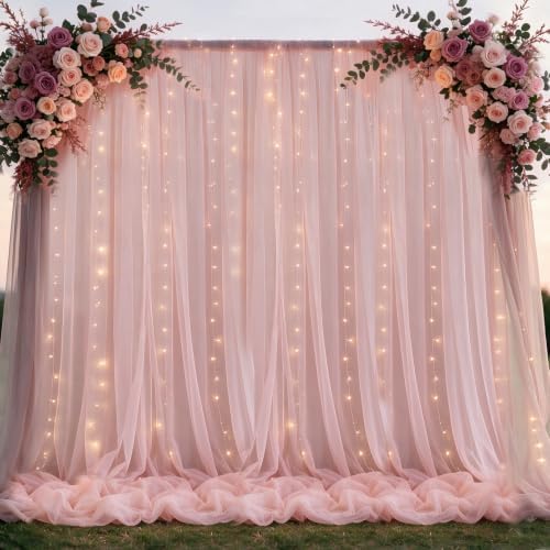 Tulle Backdrop Curtain with Lights String 10FT X 10FT Wrinkle Free Dusty Rose Sheer Tulle Backdrop Curtains for