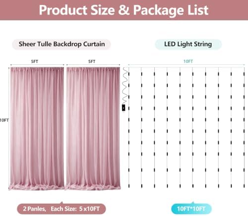 Tulle Backdrop Curtain with Lights String 10FT X 10FT Wrinkle Free Dusty Rose Sheer Tulle Backdrop Curtains for, alternate