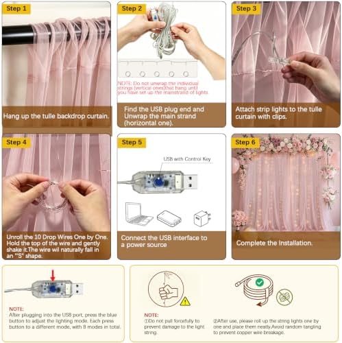 Tulle Backdrop Curtain with Lights String 10FT X 10FT Wrinkle Free Dusty Rose Sheer Tulle Backdrop Curtains for, alternate