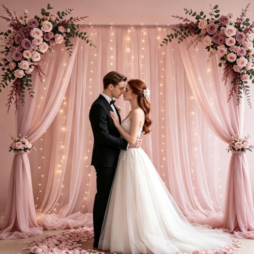 Tulle Backdrop Curtain with Lights String 10FT X 10FT Wrinkle Free Dusty Rose Sheer Tulle Backdrop Curtains for, alternate