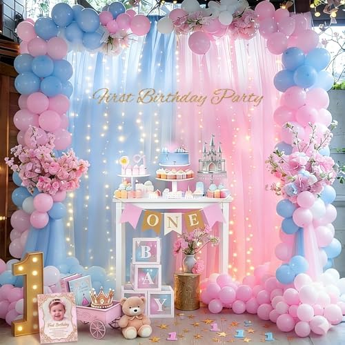Tulle Backdrop Curtain with String Lights, 10x8ft Sheer Blue and Pink Backdrop Curtain for Photography, Gender